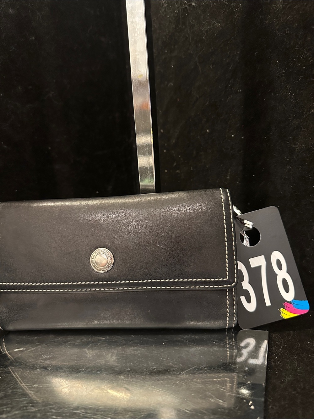 Coach #378 Chelsea Black Leather Continental Wallet with White Stitching